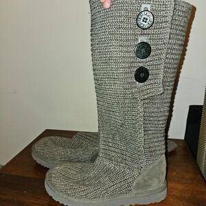 UGG Classic Cardy Sweater Knit Boots Grey Heather Tall Button 1016555 Womens 9